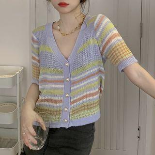Short-sleeve Striped Cardigan Gradient Blue - One Size