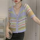 Short-sleeve Striped Cardigan Gradient Blue - One Size