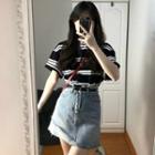Striped T-shirt / Denim Mini A-line Skirt / Set
