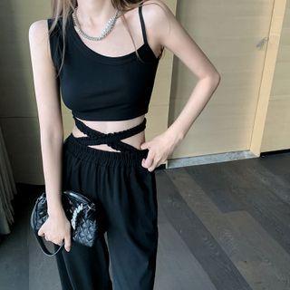 Asymmetrical Crop Tank Top / High-waist Wide-leg Pants