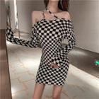 Cold-shoulder Checkerboard Print Mini Bodycon Dress