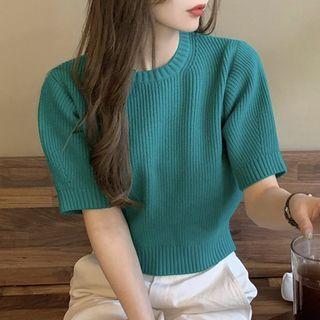 Puff-sleeve Ribbed Knit Top Green - One Size