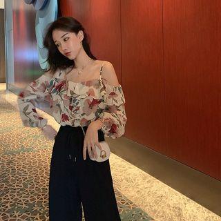 Long-sleeve Cold Shoulder Ruffled Floral Chiffon Blouse