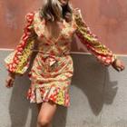 Puff-sleeve V-neck Flower Print Mini Dress