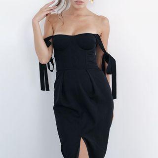 Tie-strap Slit Midi Sheath Dress