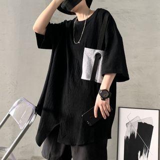 Short-sleeve Contrast Pocket Asymmetrical T-shirt