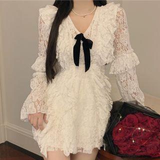 Long-sleeve Bow Ruffled Mini A-line Dress