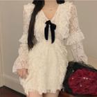 Long-sleeve Bow Ruffled Mini A-line Dress