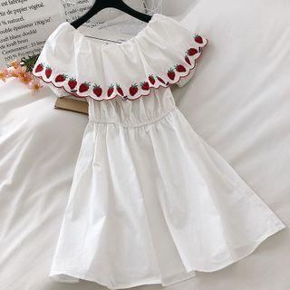 Strawberry Embroidered Off-shoulder A-line Dress White - One Size