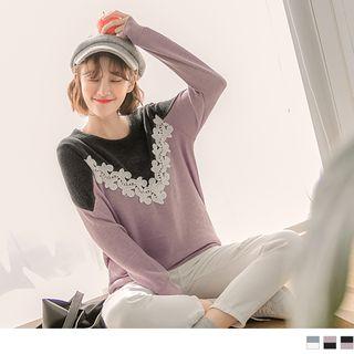 Lace Panel Drop Shoulder Two Tone Top