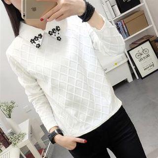 Long-sleeve Flower-accent Collared Top