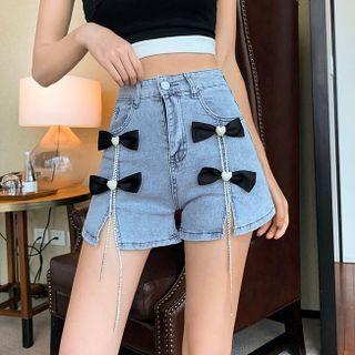 Bow-accent Slit Denim Hot Pants