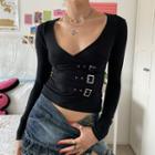 Buckled Long-sleeve V-neck Crop Top