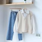 Mock Two-piece Striped Paneled Sweatshirt / Frayed Hem Cropped Straight Fit Jeans