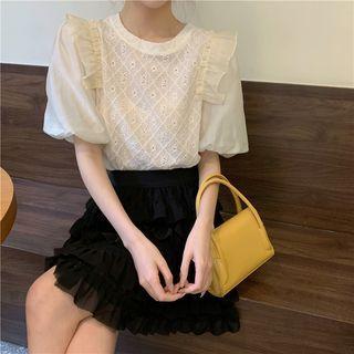 Short-sleeve Ruffle Floral Embroidered Top / A-line Layered Skirt