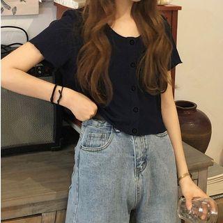 Buttoned Short Sleeve Cropped Top