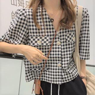 V-neck Gingham Cropped Blouse Plaid - Black & White - One Size