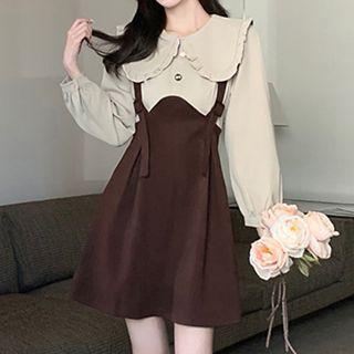 Mock Two-piece Long-sleeve Doll Collar Two-tone Mini A-line Dress