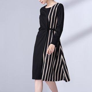 Long-sleeve Striped Panel Asymmetrical Dress