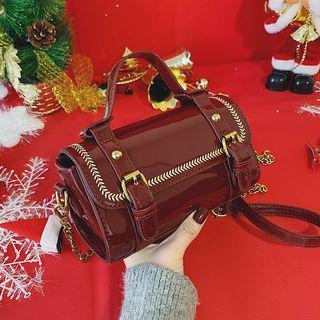 Patent Embroidered Trim Buckled Crossbody Bag