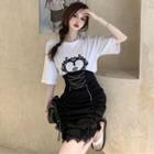Printed Loose T-shirt / Lace-up High-waist Bubble Mini Skirt