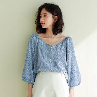 Gingham 3/4-sleeve Blouse Blue - One Size