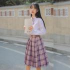 Long-sleeve Shirt / Plaid Mini A-line Skirt / Bow Tie /set