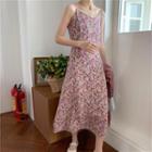 Flower Print Spaghetti Strap Midi Shift Dress / V-neck Cardigan