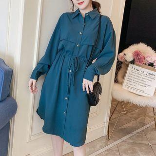Long-sleeve Drawstring-waist Shirtdress