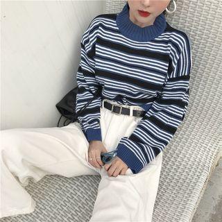 Mock Neck Striped Sweater Stripe - Blue - One Size