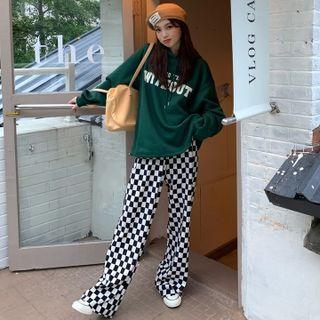 Lettering Hoodie / Checker Print Wide Leg Pants