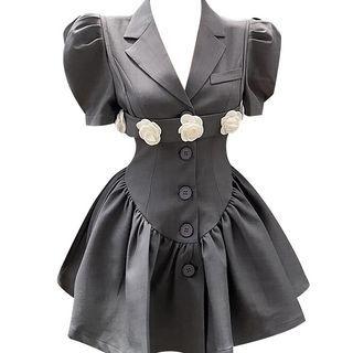 Set: Puff-sleeve Mini A-line Dress + Flower Accent Camisole Top