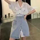 Elbow-sleeve Striped Shirt / Denim Skirt
