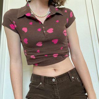 Short-sleeve Heart Print Cropped Polo Shirt