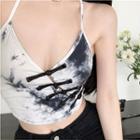 Sleeveless V-neck Tie-dyed Frog-button Halter Top White - One Size