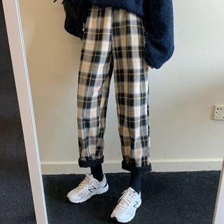 Fleece-lined Plaid Straight-fit Pants