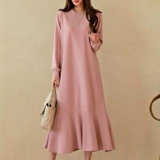 Plain Ruffle-hem Long Dress