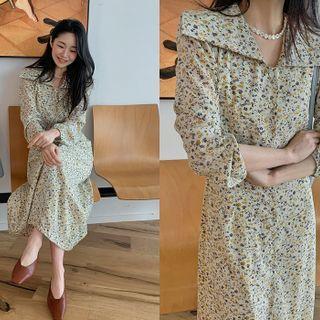 Collared Buttoned Floral Long Dress