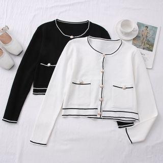 Contrasted Crew-neck Knit Cardigan