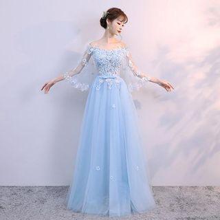 Flower Embroidered Off Shoulder Elbow Sleeve Evening Gown