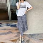 Set: Short-sleeve Lettering T-shirt + High-waist Plaid Skirt Blue - One Size