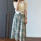 Puff-sleeve Plain Knit Top + High-waist Leaf Print Skirt