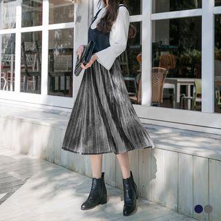 Pleated Sheeny Velvet Midi Skirt