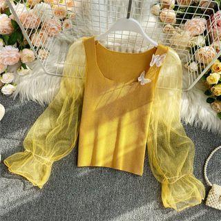 Butterfly Applique Mesh Sleeve Knit Blouse