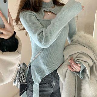 Long-sleeve Turtleneck Cutout Irregular Knit Top