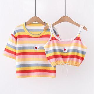 Flower Embroidered Striped Short-sleeve T-shirt / Cropped Camisole Top / Set
