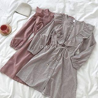 Check Ruffle Puff-sleeve Dress