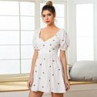 Puff-sleeve Cherry Embroidered A-line Dress