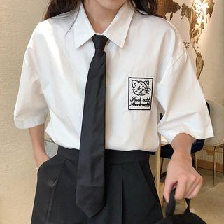 Cat Embroidered Elbow-sleeve Shirt / Wide-leg Shorts