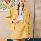 Buttoned Denim Jacket/ Mini A-line Denim Skirt/ Set
